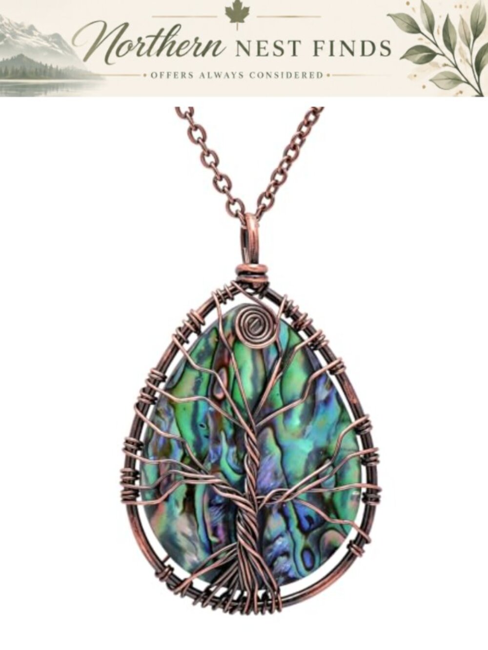Hand Wrapped Abalone Shell Tree of Life Pendant Necklace Women